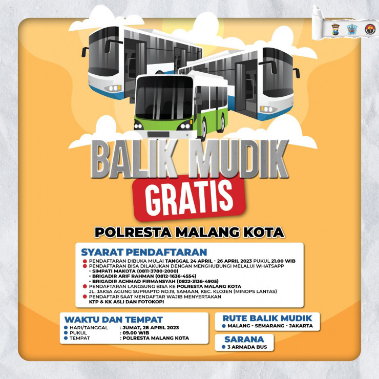Polresta Malang Kota Buka Layanan Balik Mudik Gratis Tujuan Semarang – Jakarta
