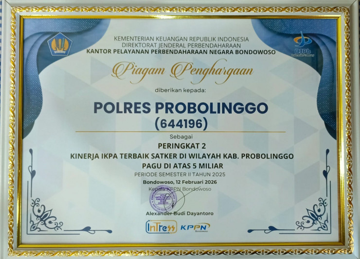 Polres Probolinggo Raih Peringkat II Kinerja IKPA Terbaik Semester II 2025 Dari KPPN Bondowoso